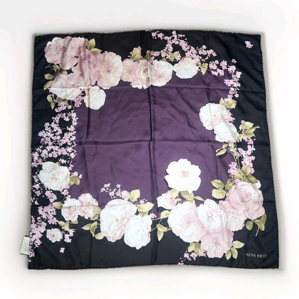 Vintage‎ Nina Ricci 100% Silk Scarf Floral 34 inch Made In Italy Black Purple